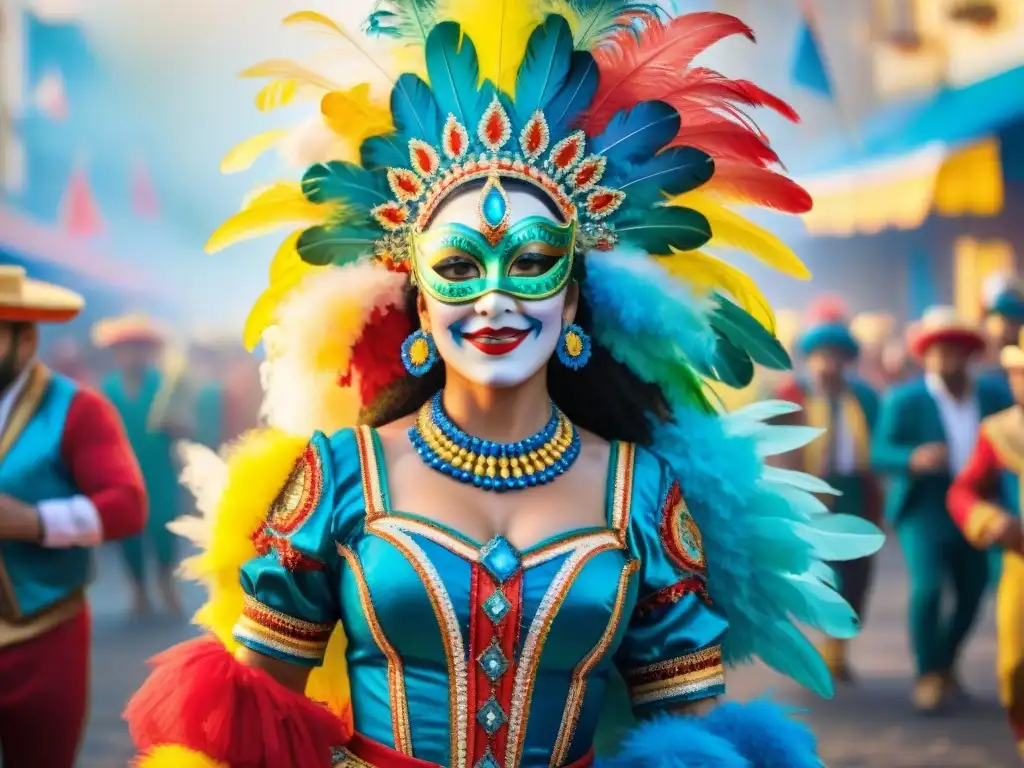 Festiva danza de Carnaval Uruguayo con trajes tradicionales y coloridos, rodeados de una multitud alegre