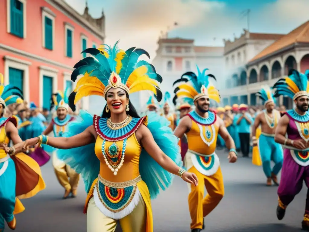 Festiva danza de diversidad y alegría en el Carnaval Uruguayo, integrando minorías étnicas con coloridos trajes