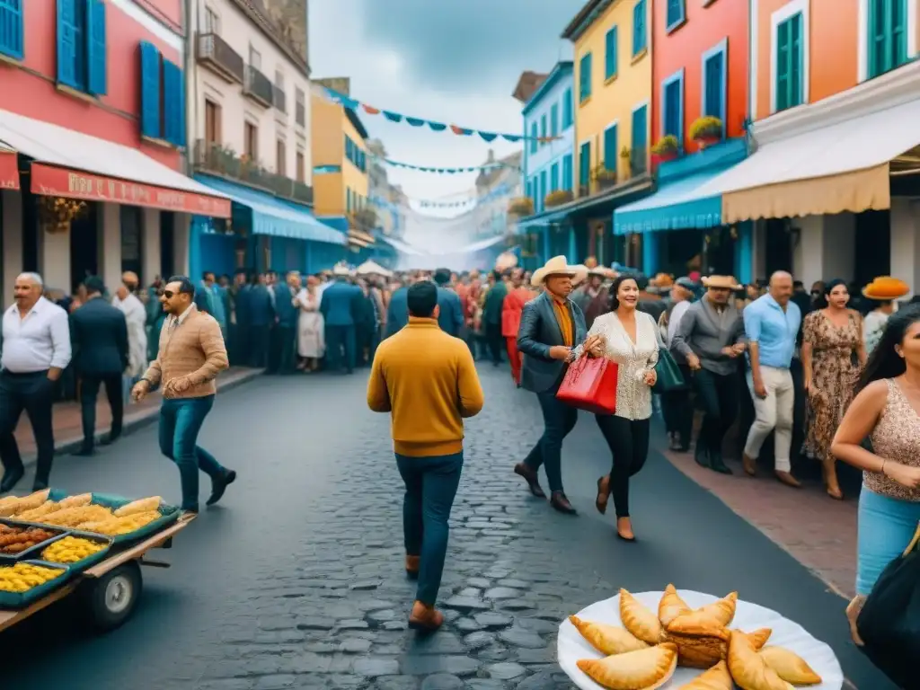 Festiva escena callejera durante el Carnaval en Uruguay con platos tradicionales Carnaval Uruguayo