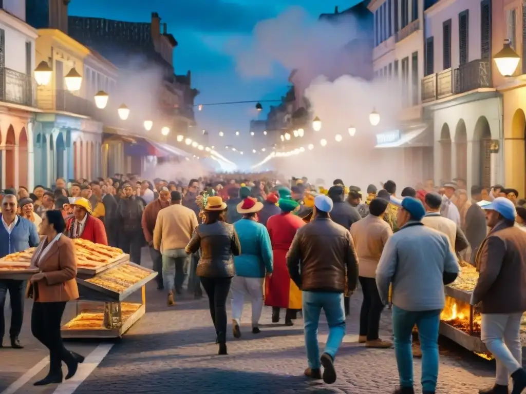 Festiva escena nocturna del Carnaval uruguayo con pizza a la parrilla y coloridos disfraces