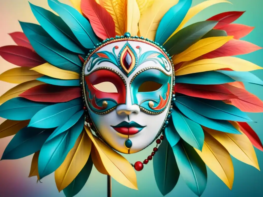 Festiva ilustración acuarela de máscaras coloridas de Carnaval Uruguayo, reflejando la riqueza cultural