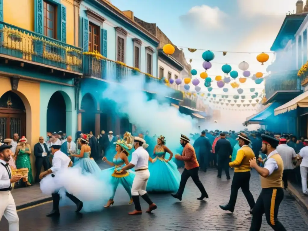 Festiva ruta gastronómica durante Carnaval de Uruguay con comparsas coloridas, música tradicional y sabores locales en bullicioso escenario