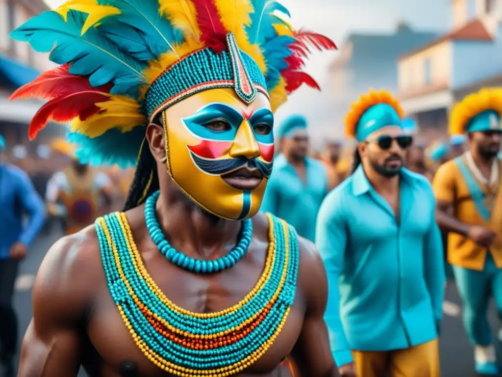 Festival Carnaval en Uruguay con influencia africana: desfile colorido y enérgico con trajes vibrantes y máscaras tradicionales