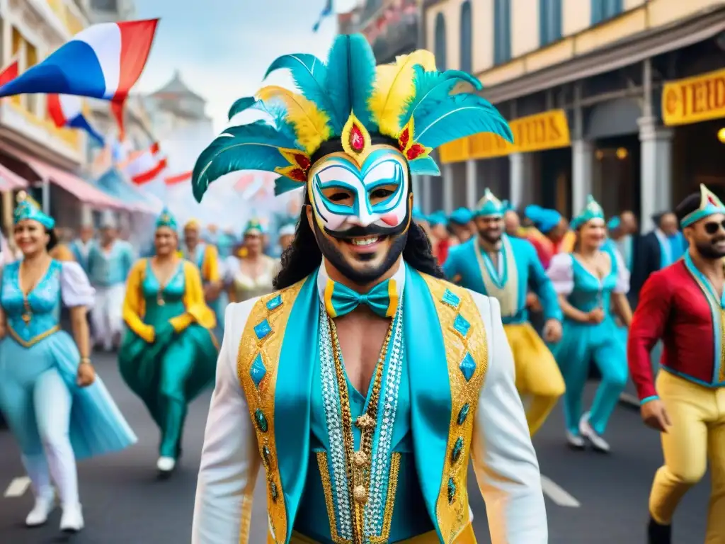 Festival de Carnaval en Uruguay: una pintura acuarela vibrante que muestra la alegría de la celebración con detalles intrincados