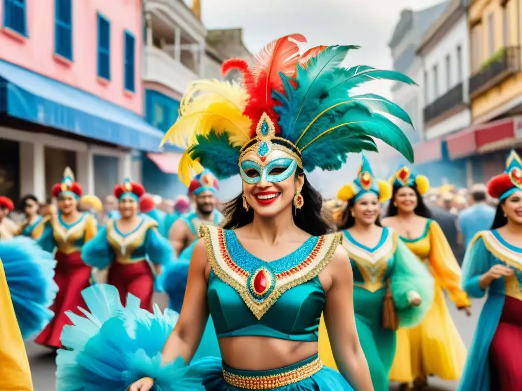 Festival de Carnaval en Uruguay: desfile vibrante con coloridos trajes y máscaras en una paleta de colores intensa