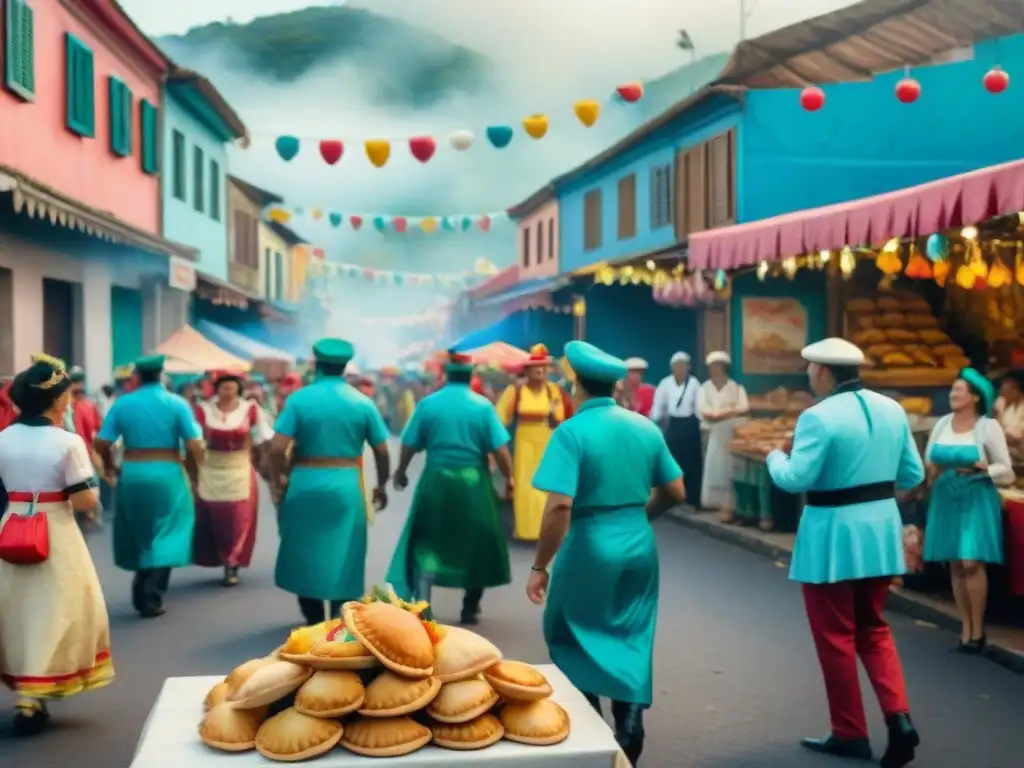 Festival gastronómico y cultural en el Carnaval de Uruguay: comida típica, música y baile en las coloridas calles