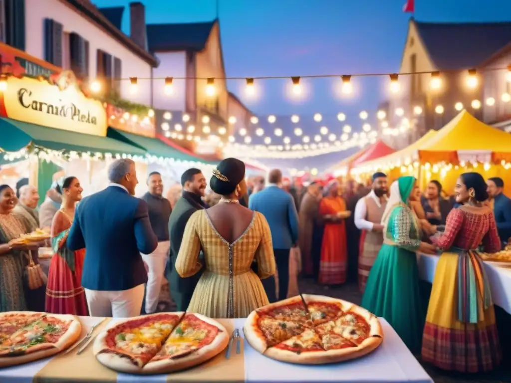 Festival nocturno de Carnaval con pizza a la parrilla y ambiente festivo