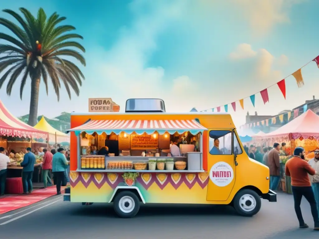 Festival de food trucks vibrante en el Carnaval de Uruguay, con detalles coloridos y una atmósfera festiva