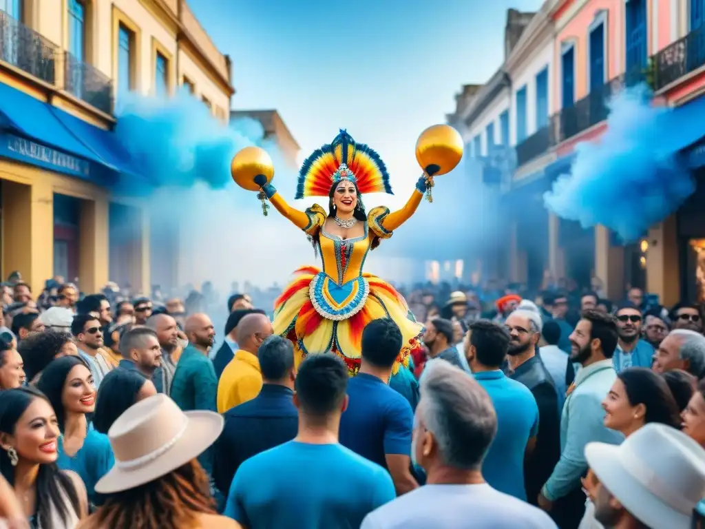 Festividad en el Carnaval Uruguayo con desfiles de carrozas y danzarines en trajes llamativos, bajo un cielo azul