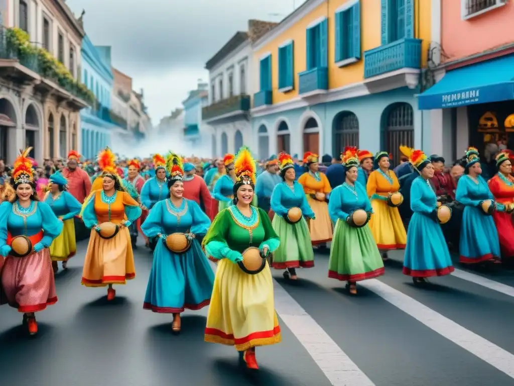 Festividad llena de color y alegría en el Carnaval Uruguayo, reflejando la riqueza cultural y el espíritu comunitario del turismo sostenible