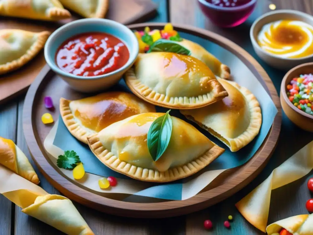 Un festivo banquete de snacks saludables para Carnaval Uruguayo, con empanadas, tortas fritas y chivitos en acuarela vibrante