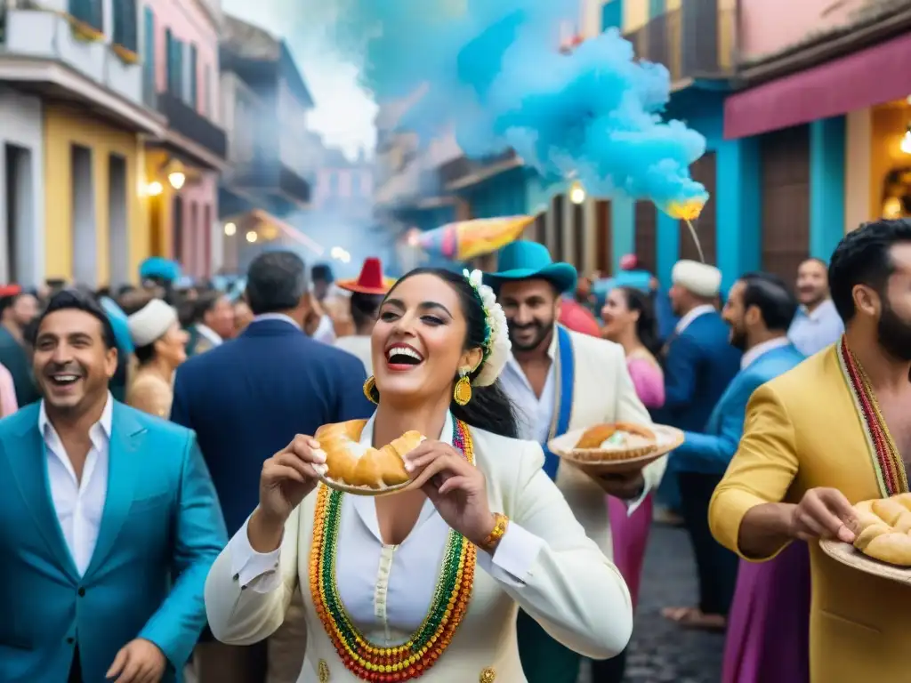 Festivo carnaval en Uruguay: gente bailando y disfrutando Empanadas Criollas