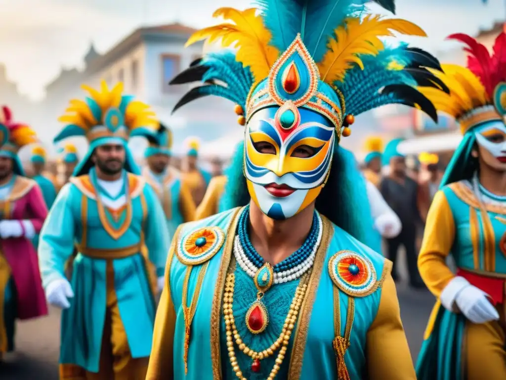 Festivo Carnaval Uruguayo: detallada pintura acuarela muestra alegre desfile, vibrantes trajes y máscaras