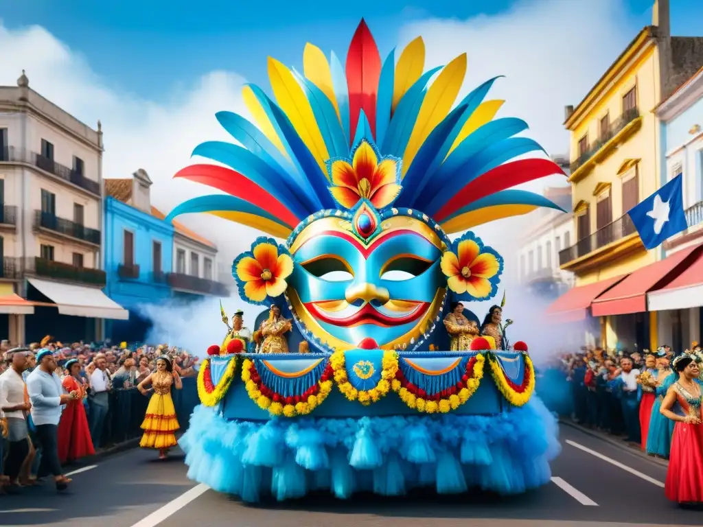 Float festivo del Carnaval Uruguayo: diseño web para Carnaval Uruguayo en vibrante ilustración acuarela llena de color y energía festiva