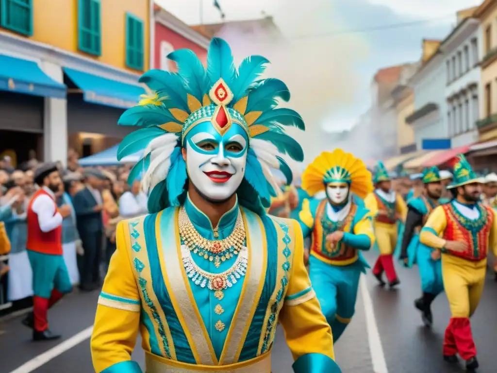 Festivo desfile callejero durante el Carnaval Uruguayo, con coloridos trajes y alegría