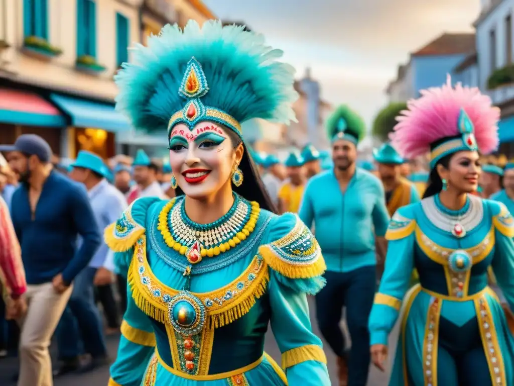 Festivo desfile de Carnaval en Uruguay con coloridos trajes y música tradicional, reflejando el turismo cultural en Carnaval Uruguayo