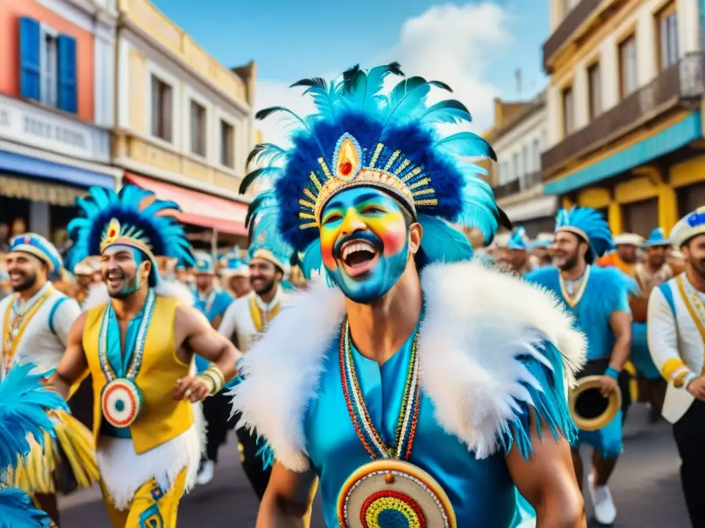 Festivo desfile de Carnaval en Montevideo con vibrantes trajes y músicos, reflejando las recetas emblemáticas Carnaval Uruguayo