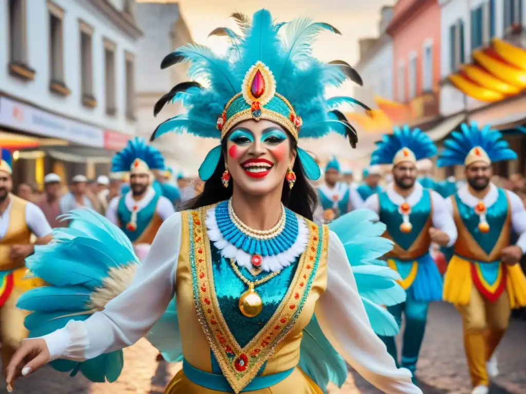 Festivo desfile de comparsas en Uruguay, con trajes coloridos y música alegre