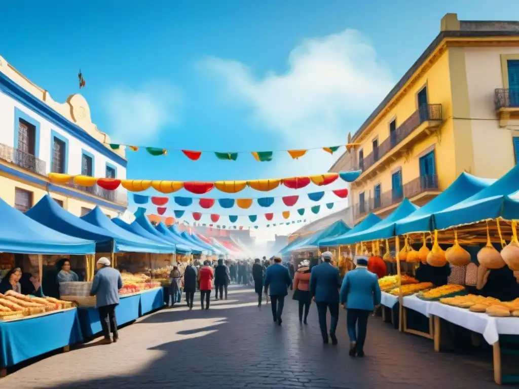 Festivo mercado callejero de comida en Uruguay durante Carnaval