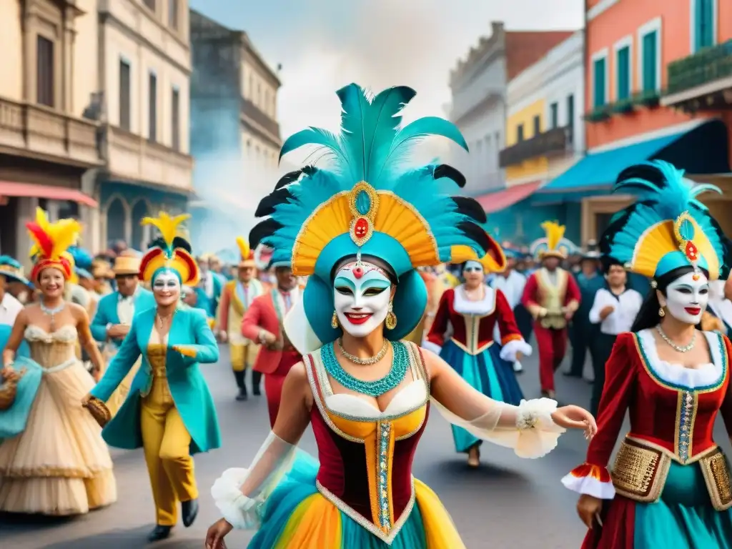 Festivo mercado de disfraces en el Carnaval Uruguayo: coloridos trajes, máscaras y baile en la bulliciosa calle