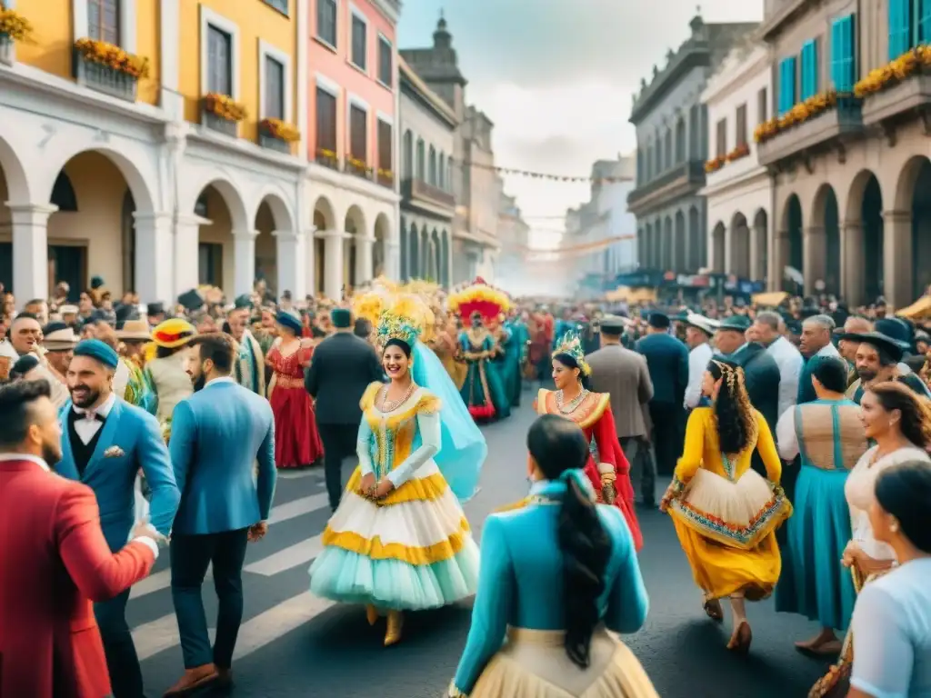 Fiesta en las calles de Uruguay durante el Carnaval, con coloridos desfiles y espectadores disfrutando