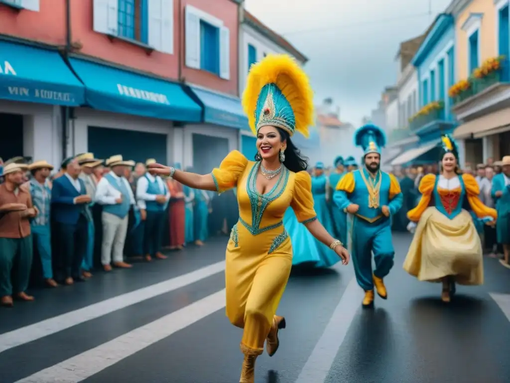 Fiesta de Carnaval en Uruguay con coloridos trajes y música alegre