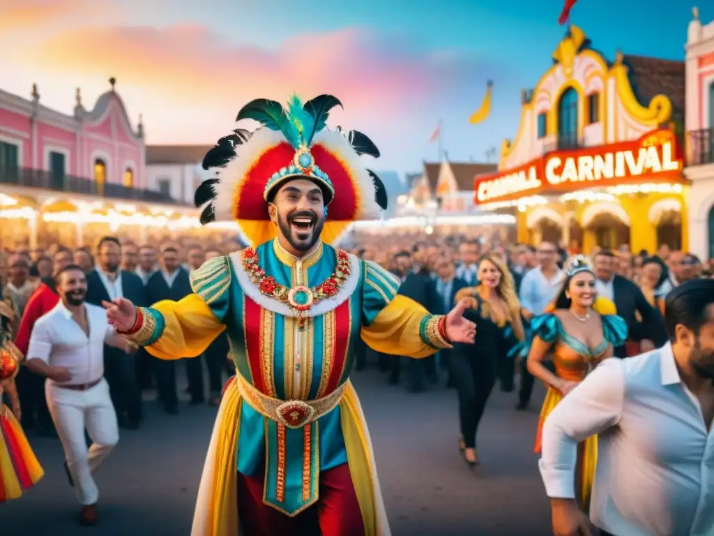 Fiesta de Carnaval en Uruguay: multitud alegre festejando con coloridos trajes y arquitectura tradicional