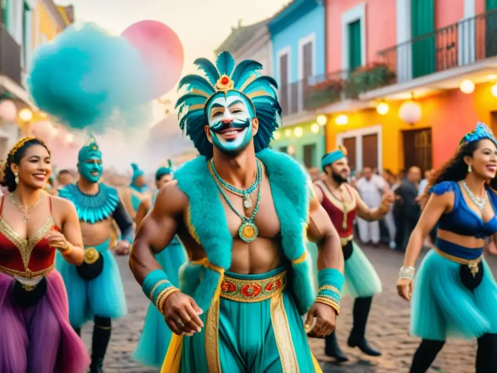 Fiesta carnavalera en Uruguay con trajes coloridos y baile