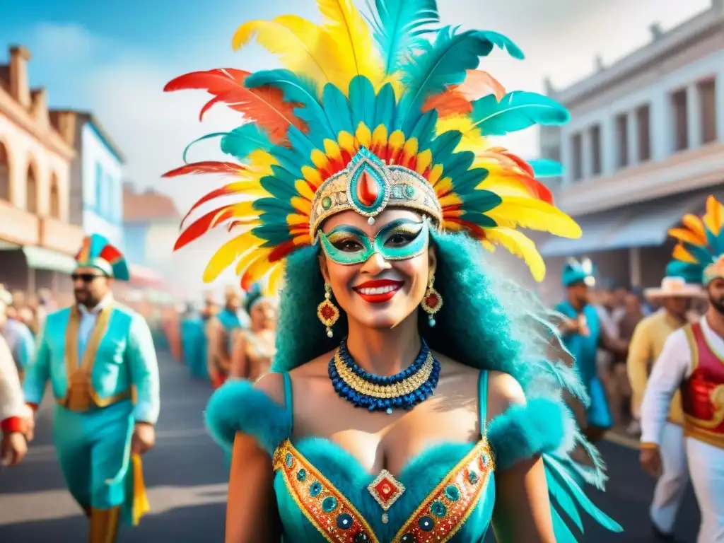 Una fiesta de colores y diversidad en el Carnaval Uruguayo, con diseño de vestuario vibrante y detallado