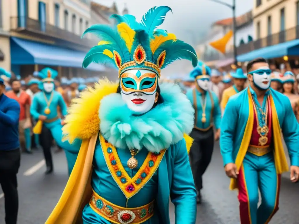 Fiesta colorida del Carnaval en Uruguay: desfile alegre con trajes vibrantes, máscaras elaboradas y música tradicional