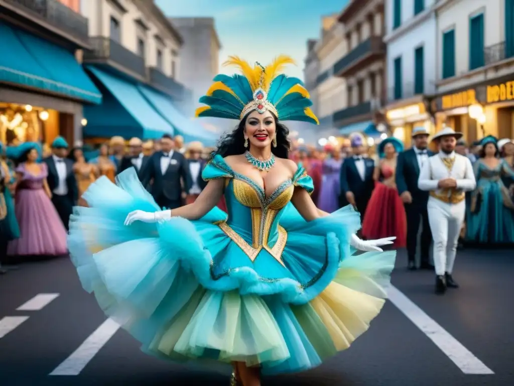 Fiesta colorida del Carnaval en Montevideo, Uruguay, con trajes y música vibrantes