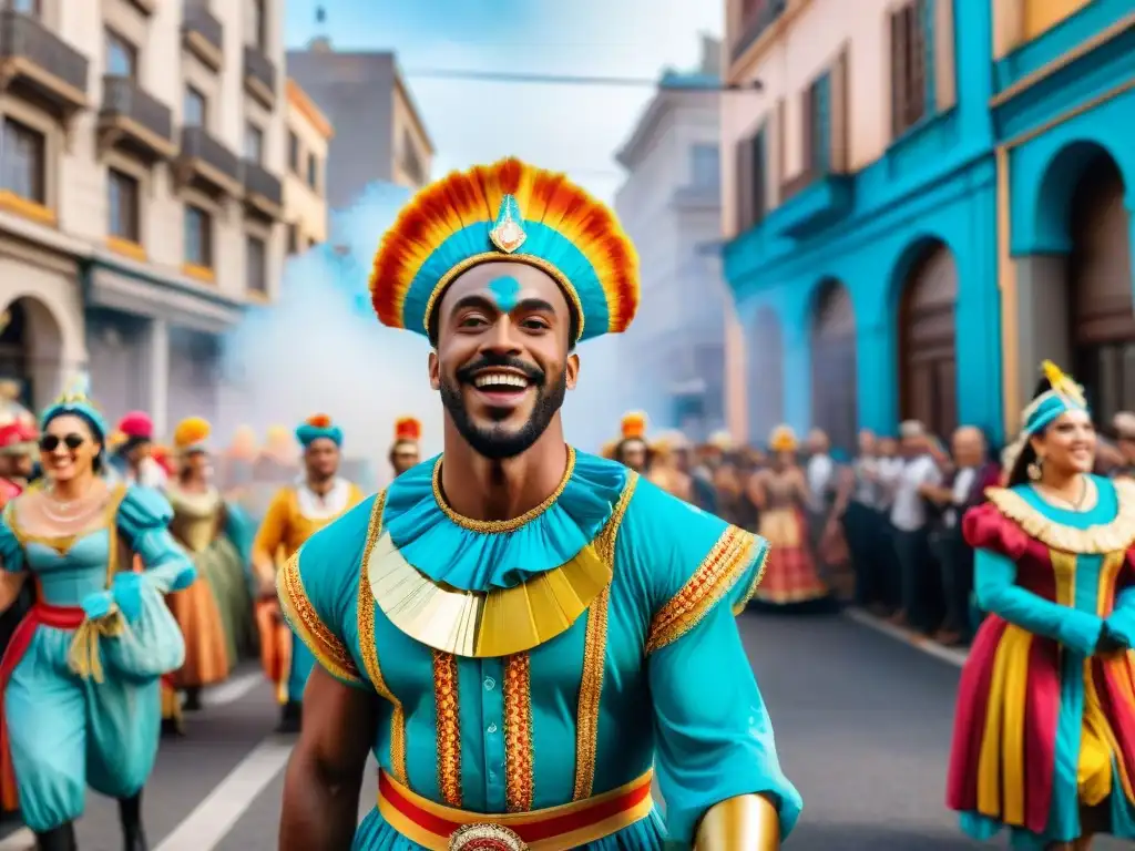 Fiesta colorida en Carnaval Uruguayo con disfraces tradicionales, música alegre y bailes vibrantes