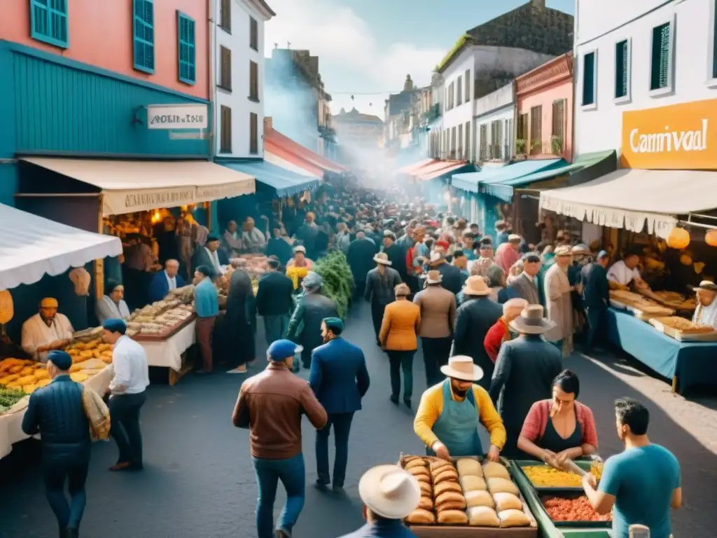 Fiesta gastronómica en las calles de Uruguay durante Carnaval, historia gastronomía Carnaval Uruguay