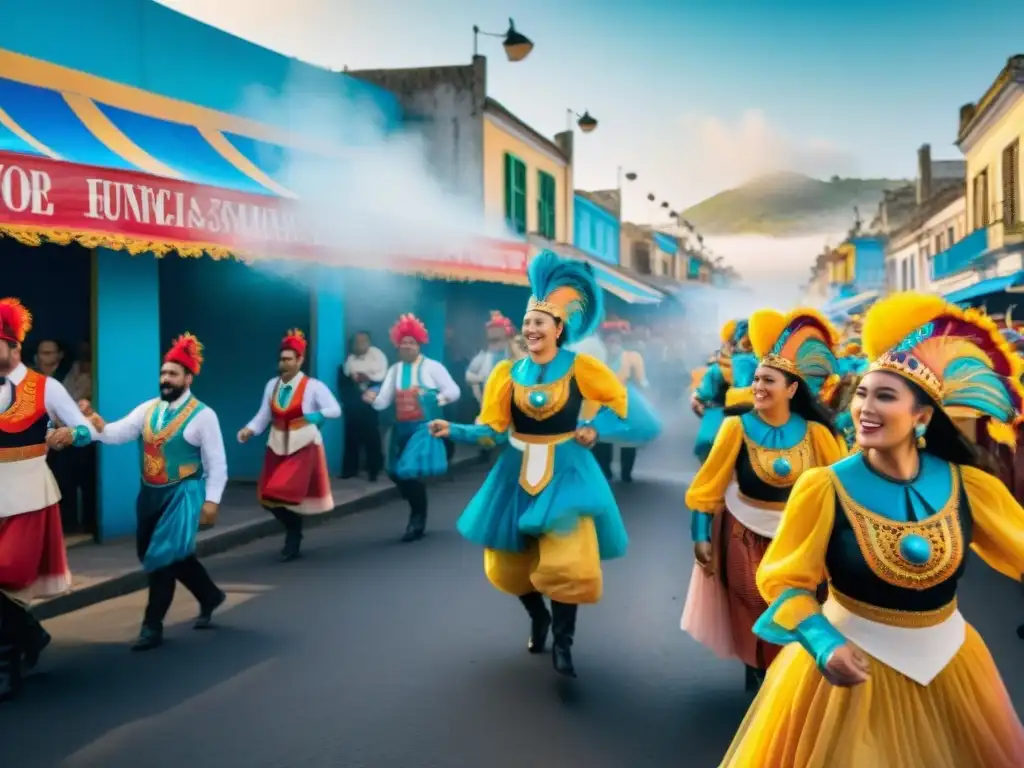 Figuras destacadas en el Carnaval Uruguayo con colores vibrantes y cocina tradicional