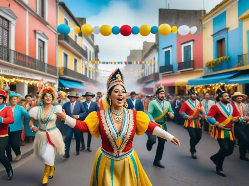 Filmación del Carnaval Uruguayo: Celebración colorida y vibrante con desfiles, bailes y música en las calles históricas