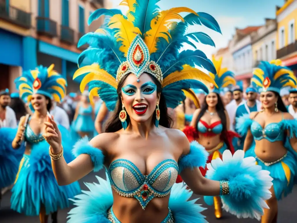 Fotógrafos capturando la energía del Carnaval Uruguayo con sus cámaras, en una colorida pintura acuarela