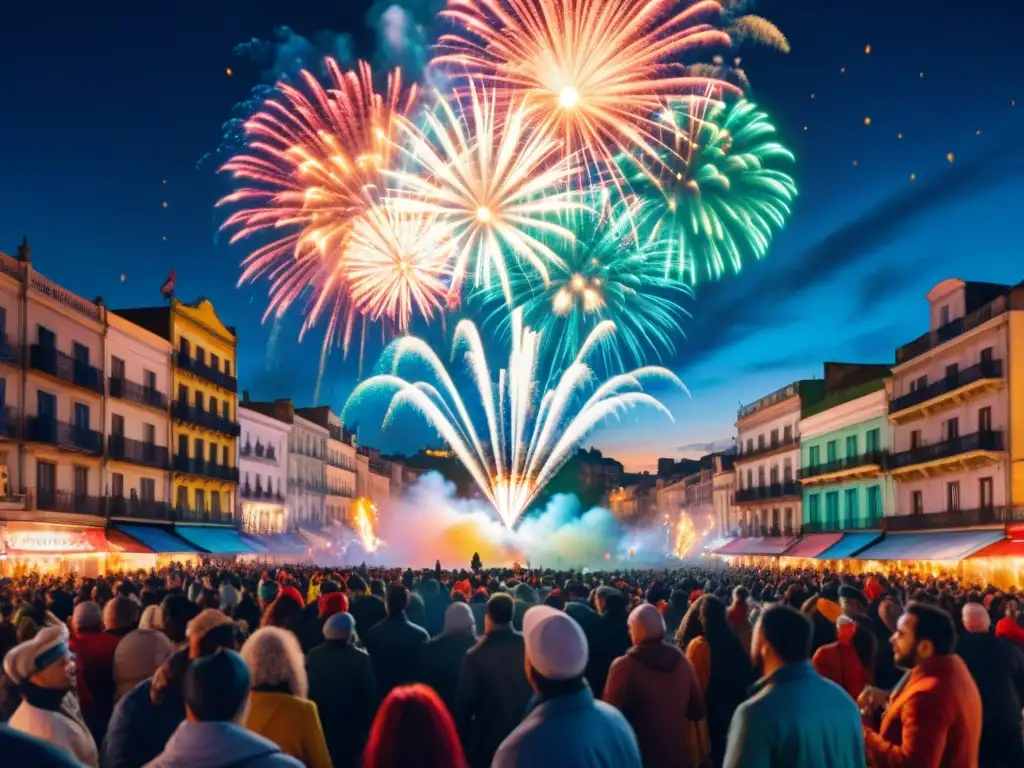 Fuegos artificiales iluminan el Carnaval Uruguayo con colores vibrantes y energía festiva