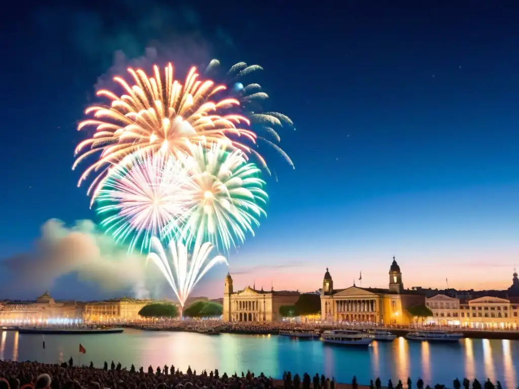 Fuegos artificiales iluminan la Rambla de Montevideo durante el Carnaval Uruguayo, creando un espectáculo vibrante y festivo