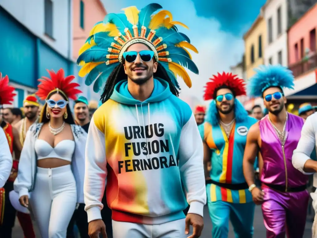 Una fusión vibrante: artistas del carnaval uruguayo con influencia del streetwear y tradición, rodeados de confeti y energía festiva