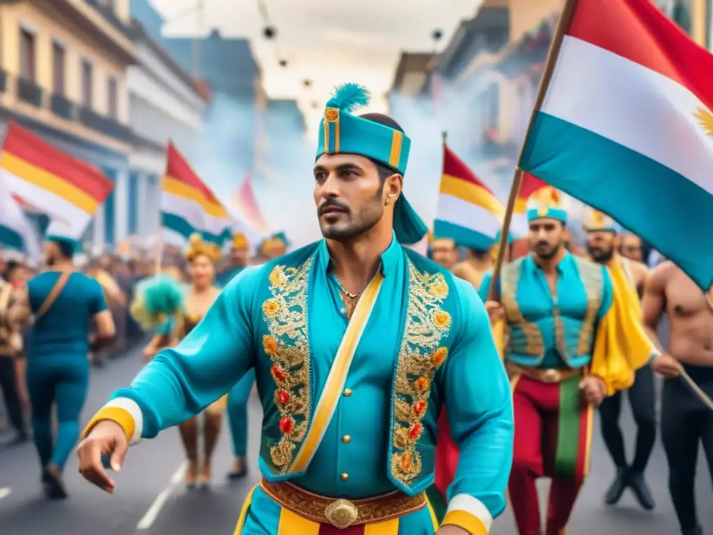 Glorioso desfile de Carnaval Uruguayo con colores vibrantes y formas festivas