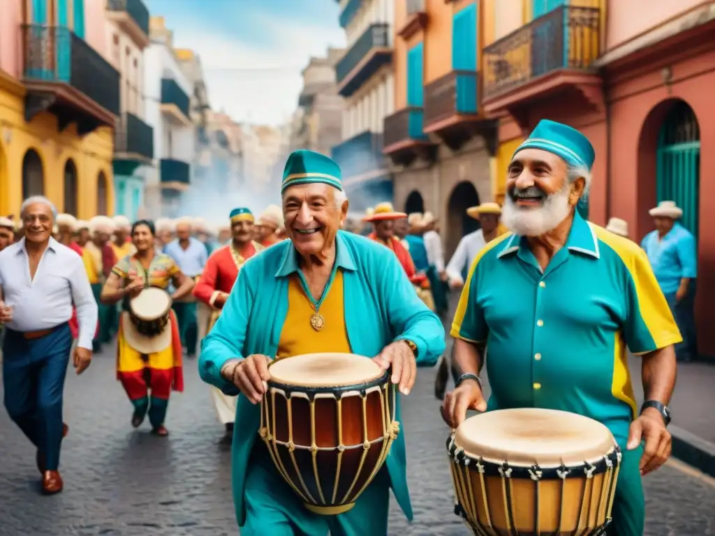 Grandes maestros del Candombe Uruguayo tocando tambores en una animada procesión de Montevideo, con coloridos trajes y edificios históricos de fondo