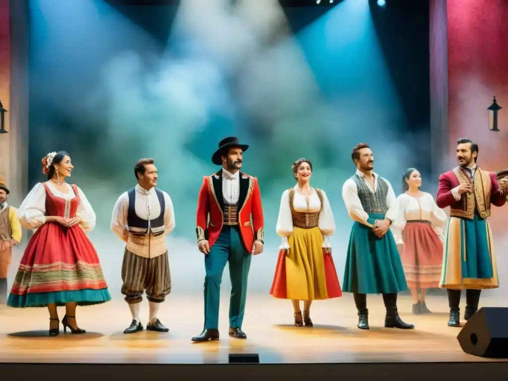 Grupo de actores ensayando escena cómica en vestimenta tradicional uruguaya en un escenario vibrante bajo foco teatral