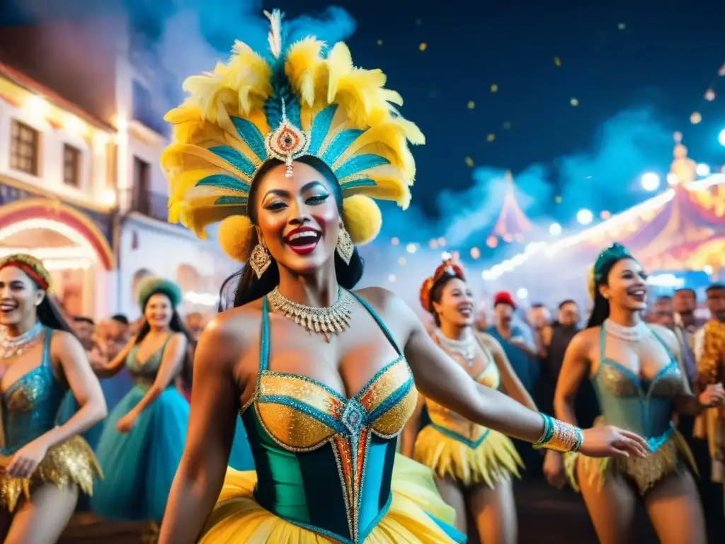 Grupo alegre de artistas del Carnaval Uruguayo bailando bajo el cielo estrellado en una bulliciosa calle, capturando la vibrante hidratación festiva