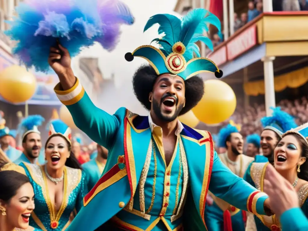 Grupo alegre de artistas del Carnaval Uruguayo cantando y bailando con energía en una carroza festiva, cuidado vocal Carnaval Uruguayo