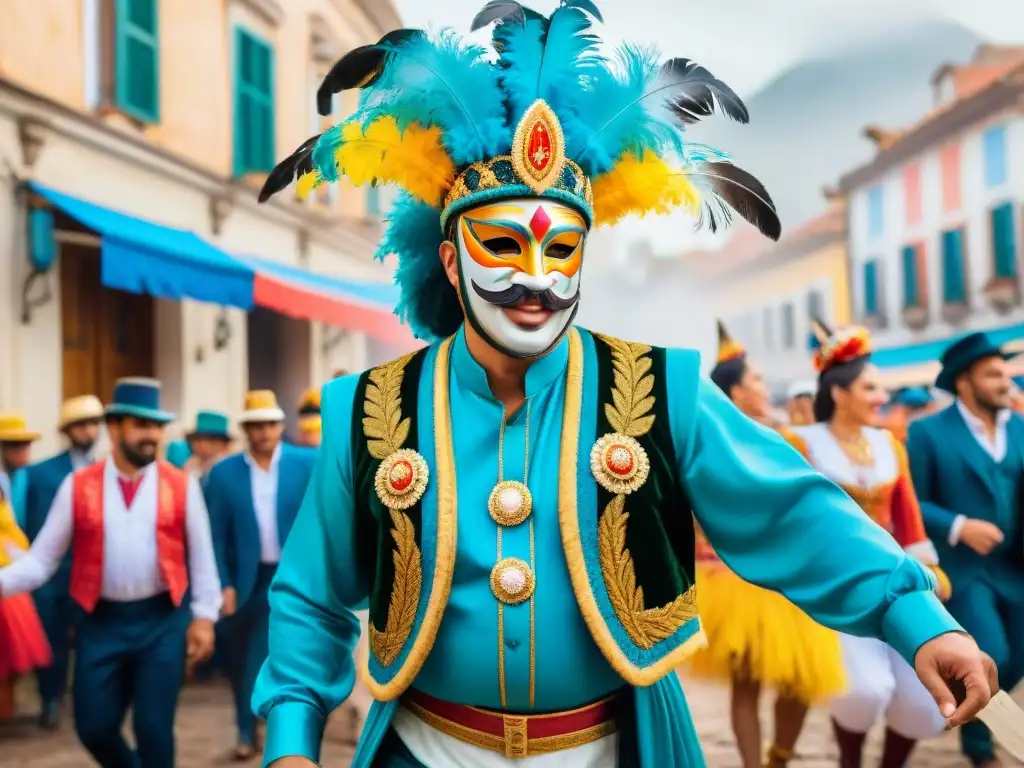 Grupo alegre de artistas del Carnaval Uruguayo bailando entre multitud, con trajes coloridos y festivos