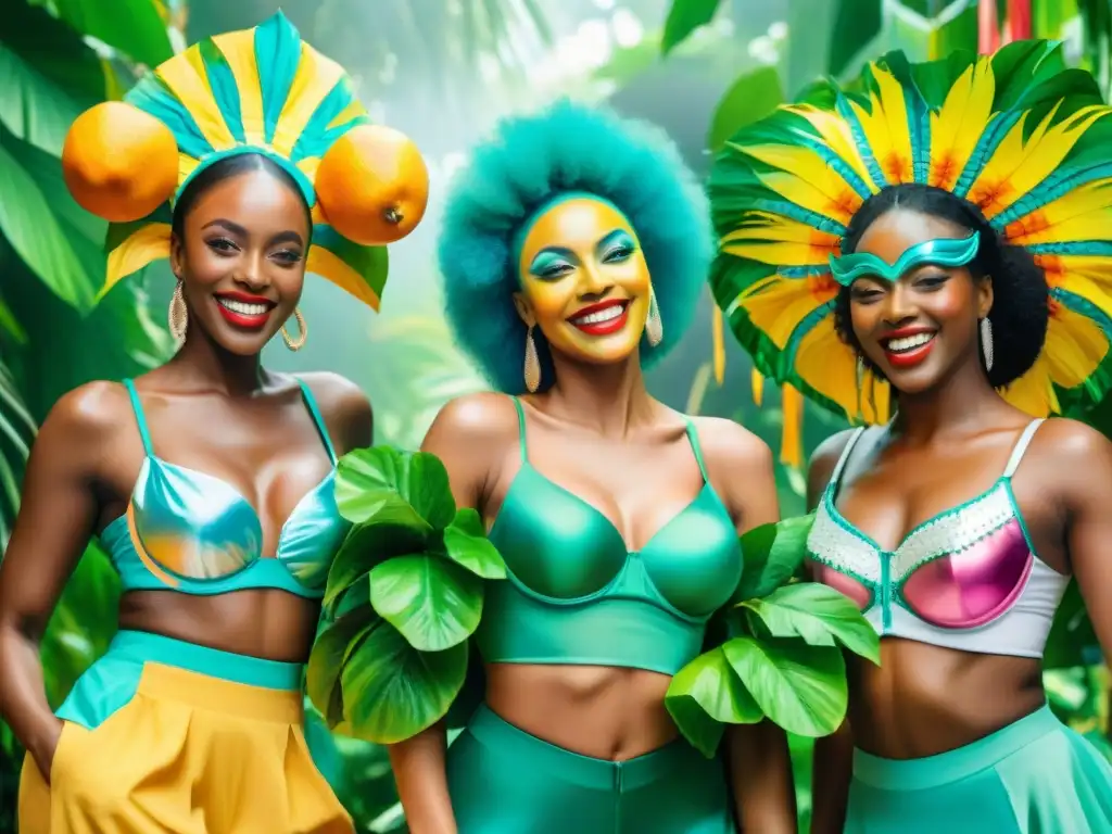 Grupo alegre de bailarines de carnaval en Uruguay disfrutando de agua de frutas rodeados de vegetación exuberante