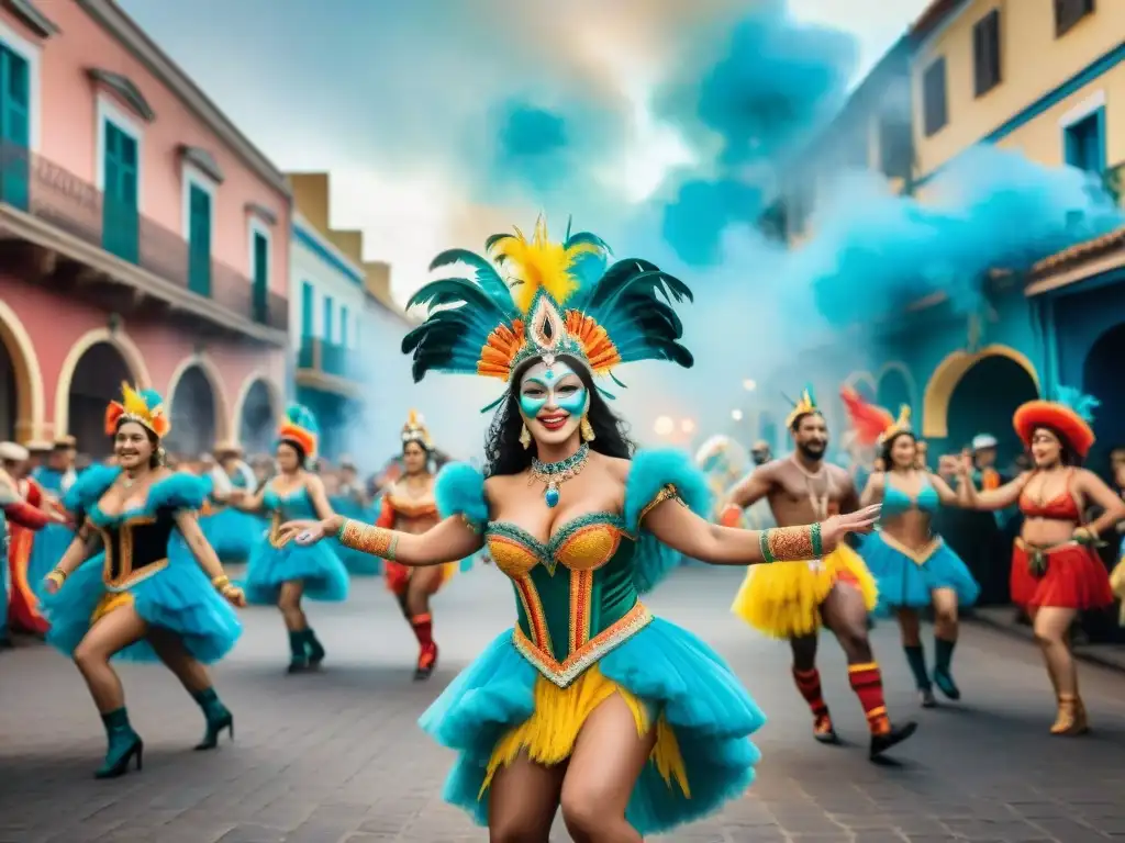 Grupo alegre bailando en Carnaval Uruguayo entre coloridos edificios festivos