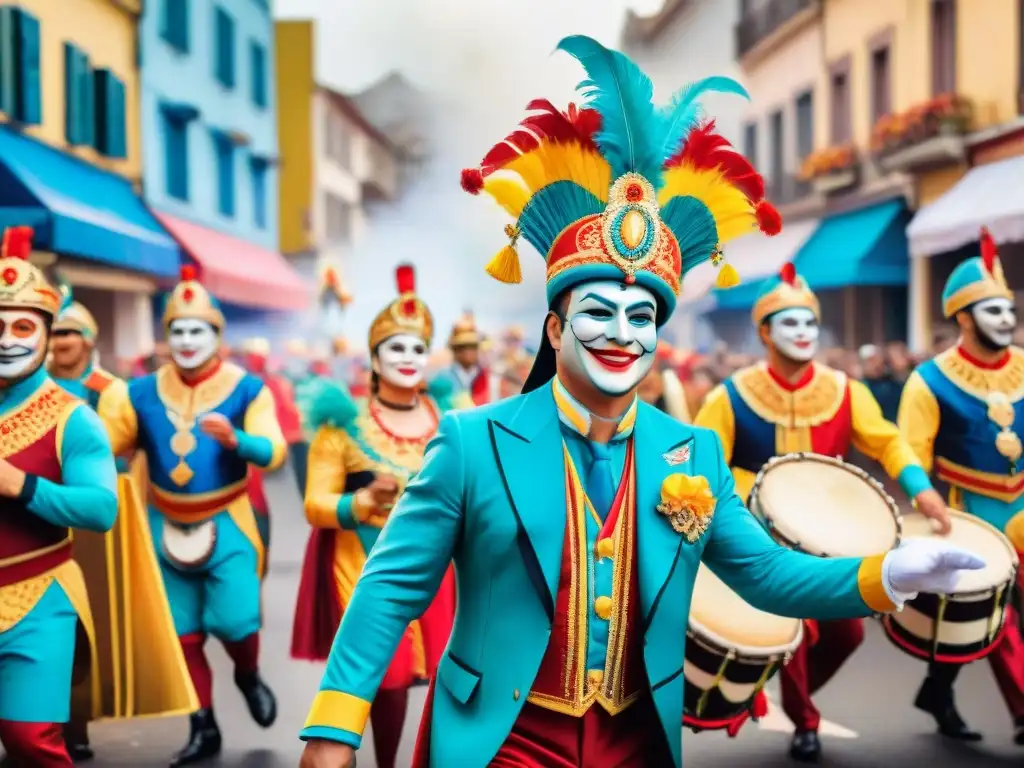 Grupo alegre en Carnaval Uruguayo con filtros Snapchat, disfrutando entre tambores y máscaras