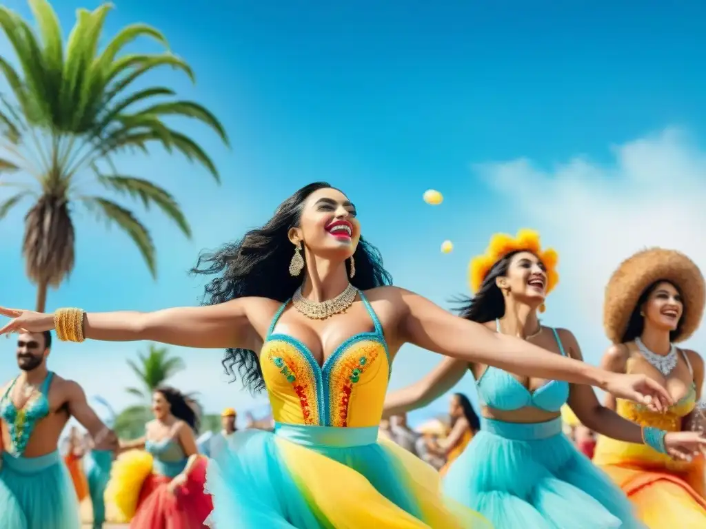 Grupo alegre bailando en Carnaval Uruguayo bajo el sol, con gotas de sudor brillando en su piel