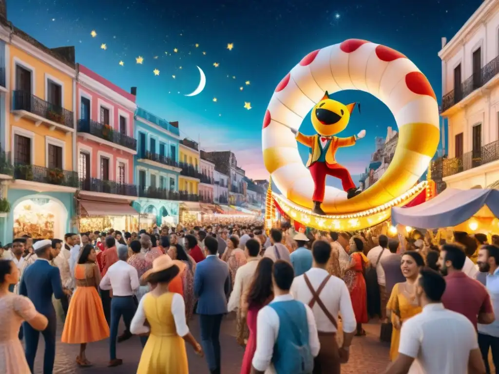 Grupo alegre bailando en Carnaval Uruguayo, con bebidas refrescantes bajo la luna creciente